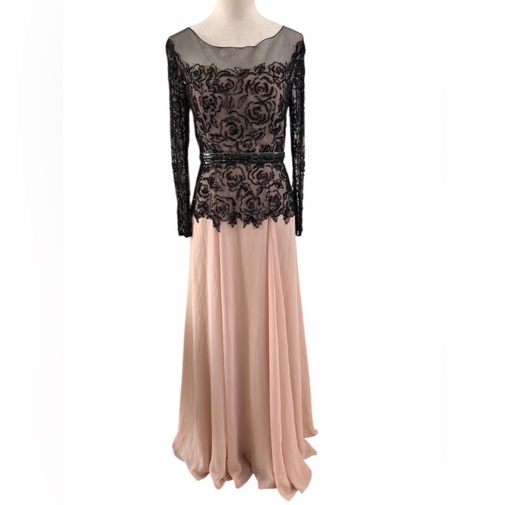 Terani Couture embellished Black roses and Cream peplum Gown